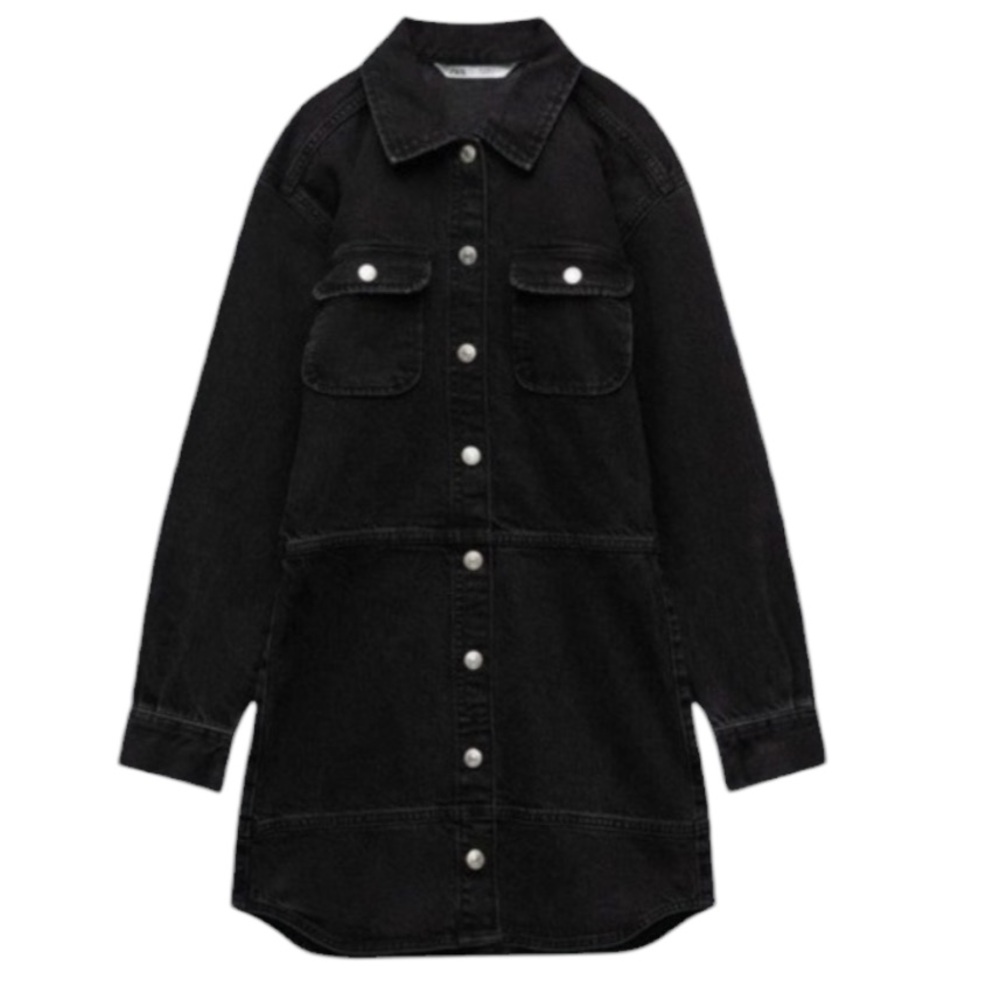 Zara Denim Mini Dress Black Long Sleeve Snap Front Rounded Hem Cotton Women’s XS